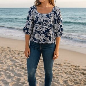 C&C California Floral Blouse 100% linen small Boho Bohemian Cottagecore Beach